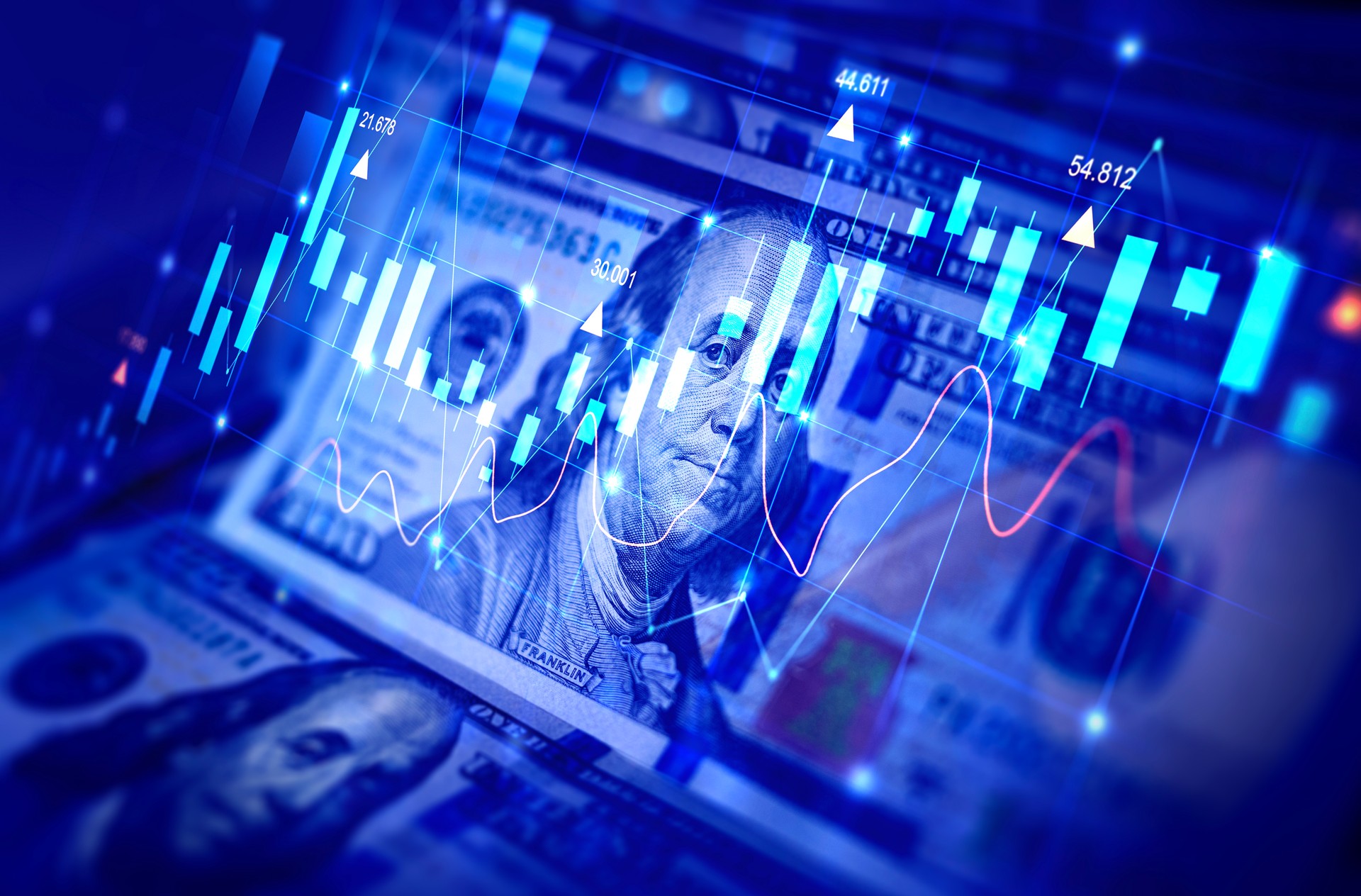 Dollars 100 banknotes with stock market chart graph for currency exchange and global trade forex concept.